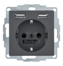 Розетка 220В з USB Berker 48031606 S.1/B.3/B.7, 16A, антрацит, пластик, із заземленням, Schuko, ip20, без захисної кришки, зі шторками, для врізного монтажу