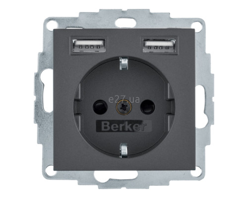 Розетка 220В з USB Berker 48031606 S.1/B.3/B.7, 16A, антрацит, пластик, із заземленням, Schuko, ip20, без захисної кришки, зі шторками, для врізного монтажу