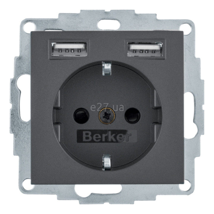 Розетка 220В з USB Berker 48031606 S.1/B.3/B.7, 16A, антрацит, пластик, із заземленням, Schuko, ip20, без захисної кришки, зі шторками, для врізного монтажу · Berker · berker-48031606