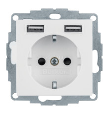 Розетка 220В з USB Berker 48031909 S.1/B.3/B.7, 16A, полярна білизна матовий, пластик, із заземленням, Schuko, без захисної кришки, для врізного монтажу