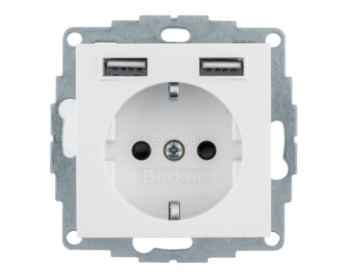 Розетка 220В з USB Berker 48031909 S.1/B.3/B.7, 16A, полярна білизна матовий, пластик, із заземленням, Schuko, без захисної кришки, для врізного монтажу