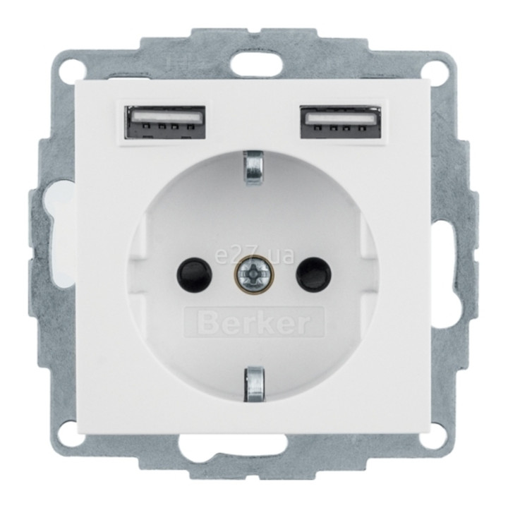 Розетка 220В з USB Berker 48031909 S.1/B.3/B.7, 16A, полярна білизна матовий, пластик, із заземленням, Schuko, без захисної кришки, для врізного монтажу · Berker · berker-48031909
