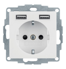 Розетка 220В з USB Berker 48036089 Q.1/Q.3/Q.7, 16A, полярна білизна оксамитовий, пластик, із заземленням, Schuko, ip20, без захисної кришки, зі шторками, для врізного монтажу