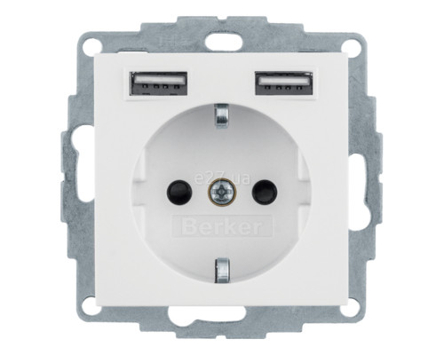 Розетка 220В з USB Berker 48036089 Q.1/Q.3/Q.7, 16A, полярна білизна оксамитовий, пластик, із заземленням, Schuko, ip20, без захисної кришки, зі шторками, для врізного монтажу