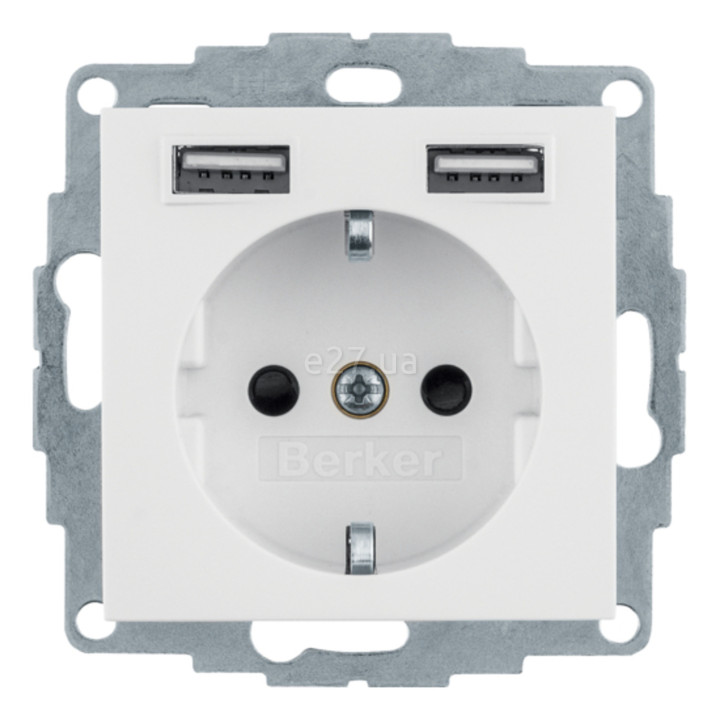 Розетка 220В з USB Berker 48036089 Q.1/Q.3/Q.7, 16A, полярна білизна оксамитовий, пластик, із заземленням, Schuko, ip20, без захисної кришки, зі шторками, для врізного монтажу · Berker · berker-48036089