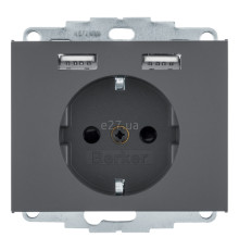 Розетка 220В з USB Berker 48037006 K.1, 16A, антрацит, пластик, із заземленням, Schuko, ip20, без захисної кришки, зі шторками