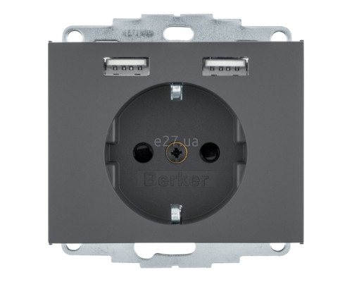 Розетка 220В з USB Berker 48037006 K.1, 16A, антрацит, пластик, із заземленням, Schuko, ip20, без захисної кришки, зі шторками