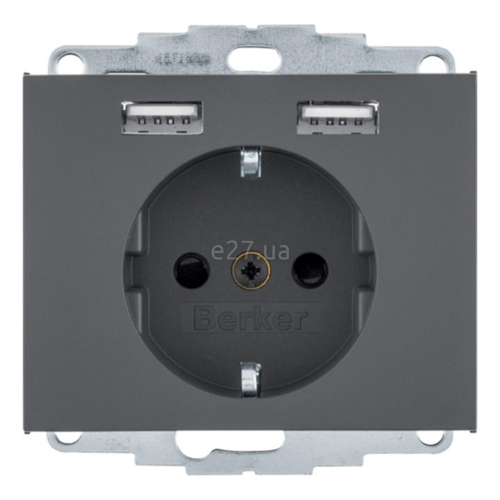 Розетка 220В з USB Berker 48037006 K.1, 16A, антрацит, пластик, із заземленням, Schuko, ip20, без захисної кришки, зі шторками · Berker · berker-48037006