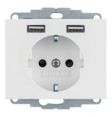 Розетка 220В з USB Berker 48037009 K.1, 16A, полярна білизна глянцевий, пластик, ip20, для врізного монтажу