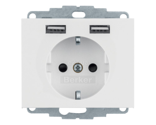 Розетка 220В з USB Berker 48037009 K.1, 16A, полярна білизна глянцевий, пластик, ip20, для врізного монтажу