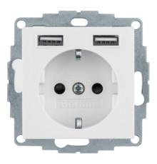 Розетка 220В з USB Berker 48038989 S.1/B.3/B.7, 16A, полярна білизна глянцевий, пластик, із заземленням, Schuko, ip20, без захисної кришки, зі шторками, для врізного монтажу