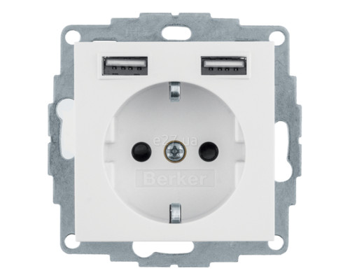 Розетка 220В з USB Berker 48038989 S.1/B.3/B.7, 16A, полярна білизна глянцевий, пластик, із заземленням, Schuko, ip20, без захисної кришки, зі шторками, для врізного монтажу