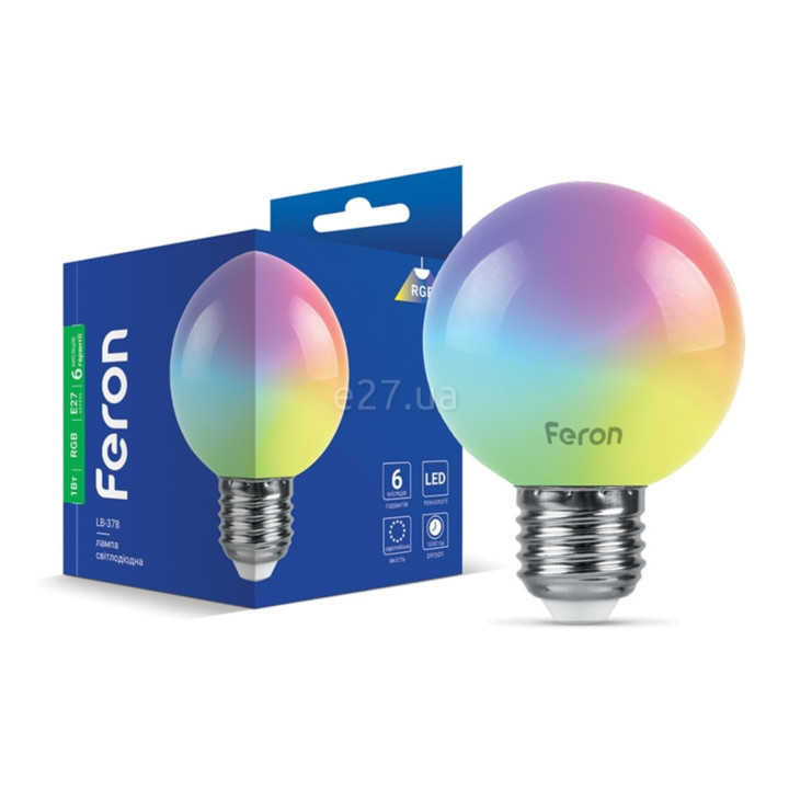 Лампа світлодіодна Feron 40217 LB-378, G60 1W RGB E27, 270° · Feron · feron-40217