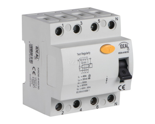 Вимикач диференціального струму, УЗО Kanlux 23184 Ideal TS KRD6-4/40/30, 4P, 40A, 30mA, AC, на DIN-рейку