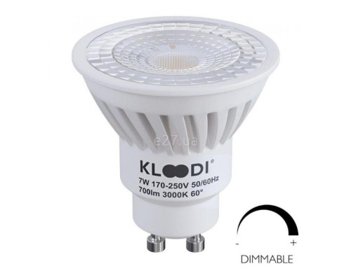 Лампа світлодіодна Kloodi KDGU10-7WSMD 3K 60D DIM , MR16 7W 3000K GU10 Dimmable, 60°