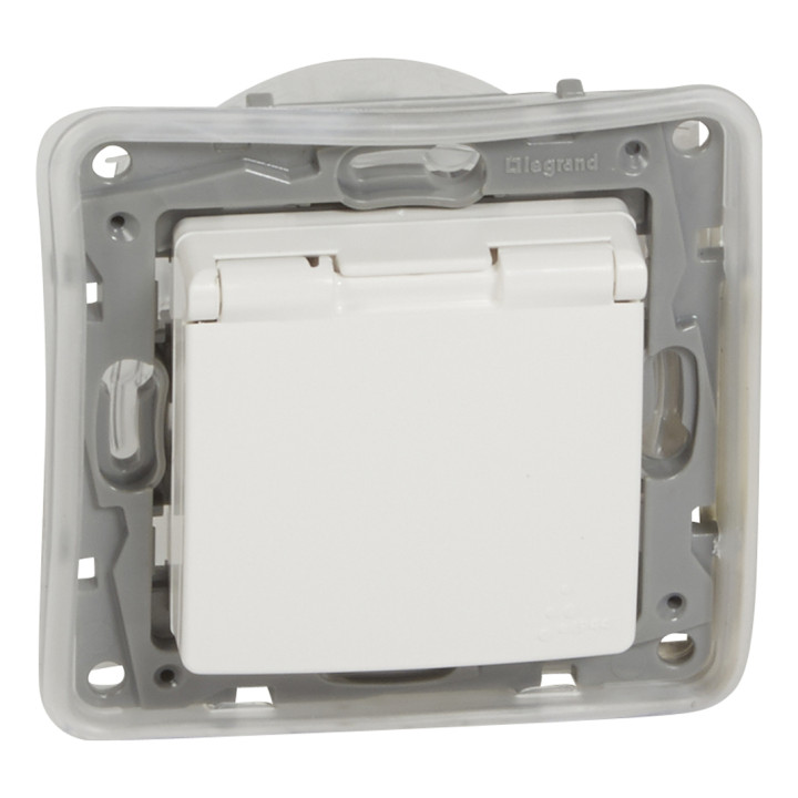 Розетка 220В Legrand 672232 Etika, білий, пластик, із заземленням, Schuko, ip44, із захисною кришкою, зі шторками, для врізного монтажу · Legrand · legrand-672232