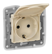 Розетка 220В Legrand 672332 Etika, слонова кістка, пластик, із заземленням, Schuko, ip44, із захисною кришкою, зі шторками, для врізного монтажу
