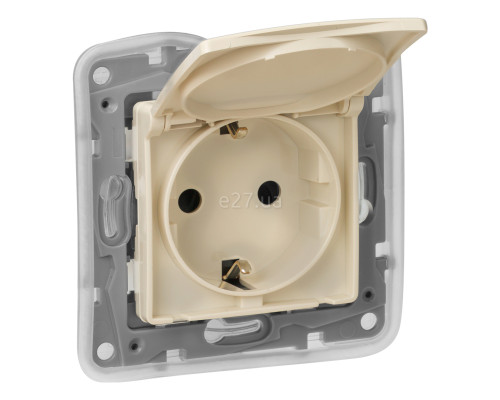 Розетка 220В Legrand 672332 Etika, слонова кістка, пластик, із заземленням, Schuko, ip44, із захисною кришкою, зі шторками, для врізного монтажу