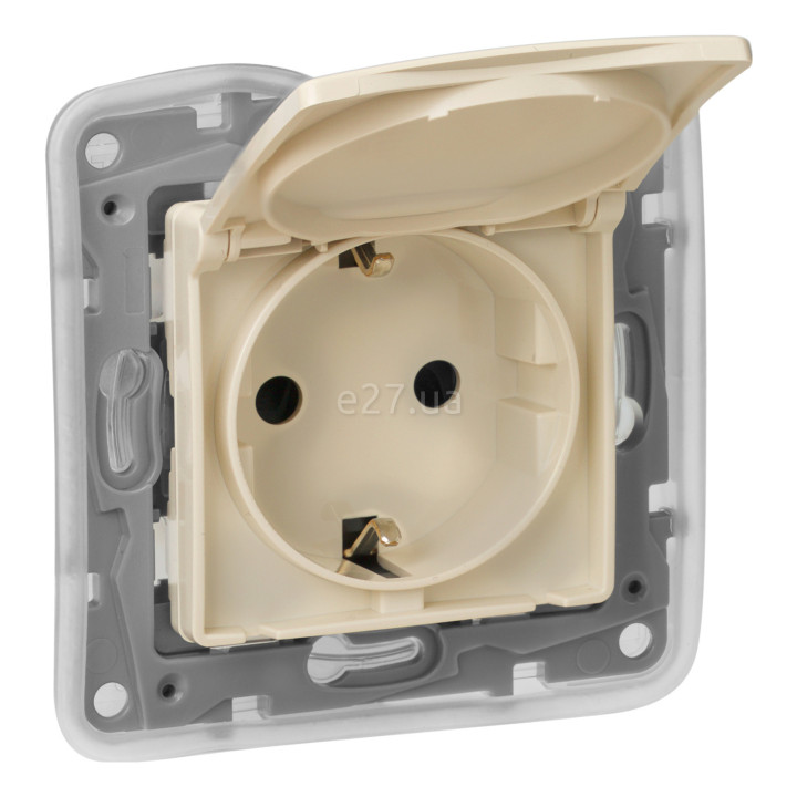 Розетка 220В Legrand 672332 Etika, слонова кістка, пластик, із заземленням, Schuko, ip44, із захисною кришкою, зі шторками, для врізного монтажу · Legrand · legrand-672332