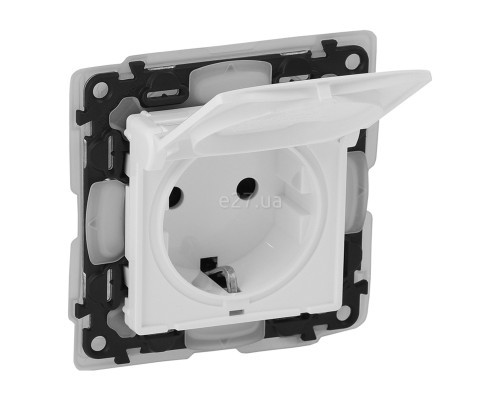 Розетка 220В Legrand 753119 Valena Life, білий, пластик, із заземленням, Schuko, ip44, із захисною кришкою, зі шторками, для врізного монтажу