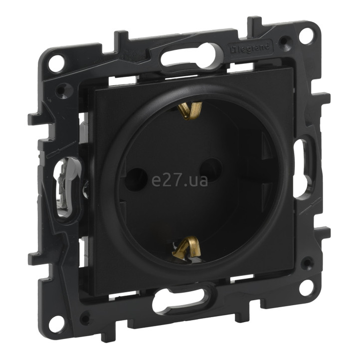 Розетка 220В Legrand 863520 Niloe Step, 16A, чорний, пластик, із заземленням, Schuko, без захисної кришки, зі шторками, для врізного монтажу · Legrand · legrand-863520