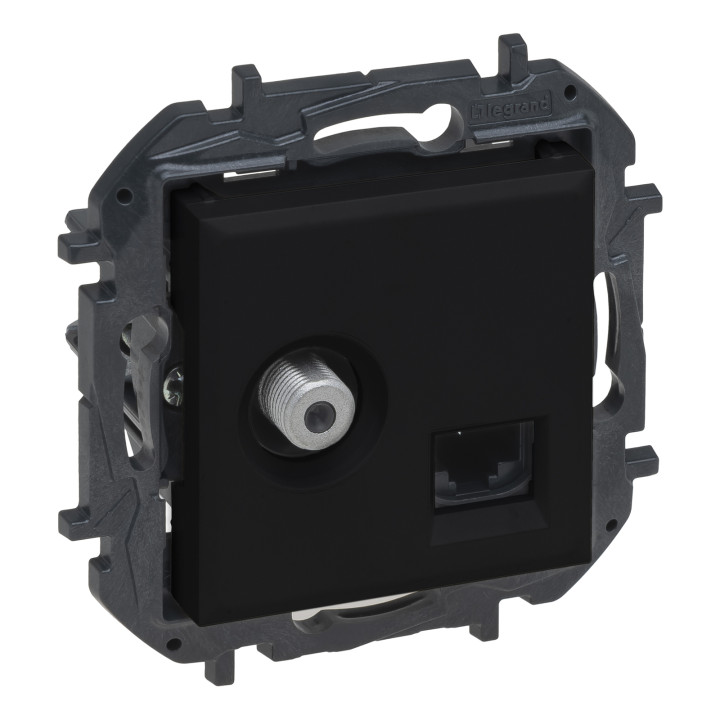 Розетка TV і RJ45 Legrand 863577B NILOE STEP Розетка комбінована TV тип F та RJ45 CAT6 UTP, чорний, для врізного монтажу · Legrand · legrand-863577b