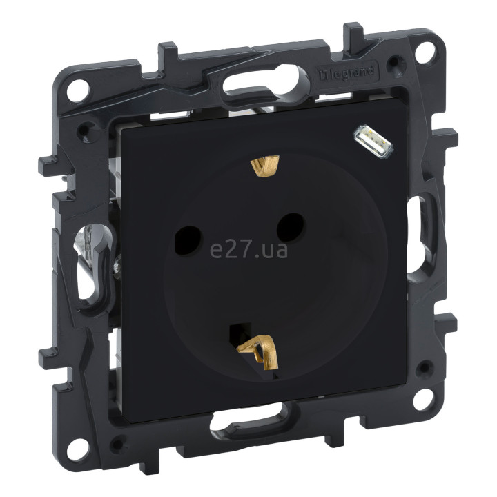 Розетка 220В з USB Legrand 864527 Niloe Step, 16A, чорний, пластик, із заземленням, Schuko, для врізного монтажу · Legrand · legrand-864527