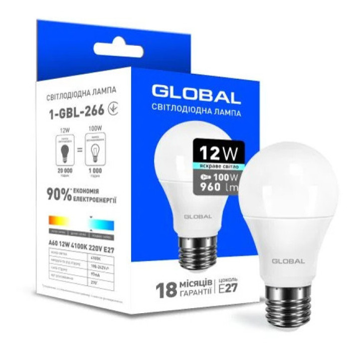 Лампа світлодіодна Outlet Global 1-GBL-266 A60 12W 4100K E27, 12W 4100K E27 · Outlet · outlet-global-1-gbl-266