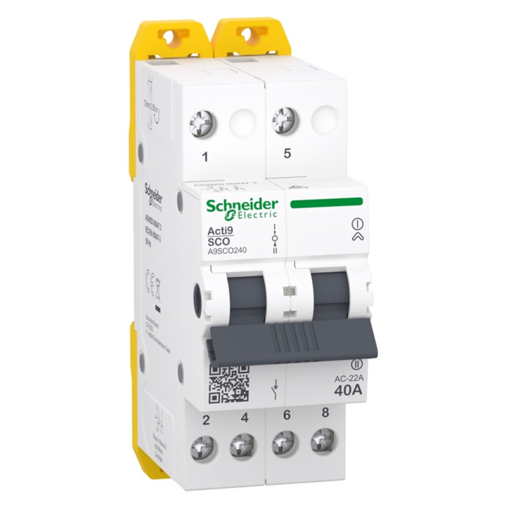 Перемикач I-0-II з загальним виходом зверху Schneider Electric A9SCO240 Acti9 iSSW, 2P, 40A, пластик, ip20, для модульного монтажу · schneider-electric-a9sco240