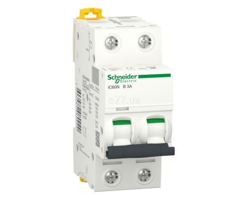 Автоматичний вимикач Schneider Electric A9F73203 Acti9 iC60N, 2P, 3A, B, 10kA, ip20, на DIN-рейку