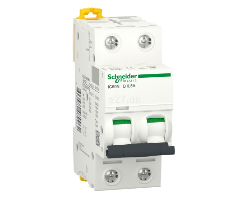 Автоматичний вимикач Schneider Electric A9F73270 Acti9 iC60N, 2P, 0.5A, B, 10kA, ip20, на DIN-рейку