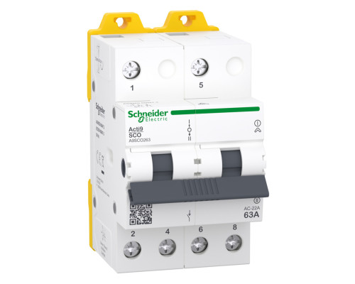 Перемикач I-0-II з загальним виходом зверху Schneider Electric A9SCO263 Acti9 iSSW, 2P, 63A, пластик, ip20, для модульного монтажу