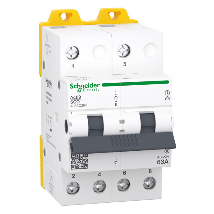 Перемикач I-0-II з загальним виходом зверху Schneider Electric A9SCO263 Acti9 iSSW, 2P, 63A, пластик, ip20, для модульного монтажу · Schneider Electric · schneider-electric-a9sco263