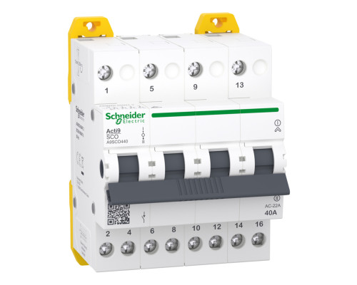 Перемикач I-0-II з загальним виходом зверху Schneider Electric A9SCO440 Acti9 iSSW, 4P, 40A, пластик, ip20, для модульного монтажу