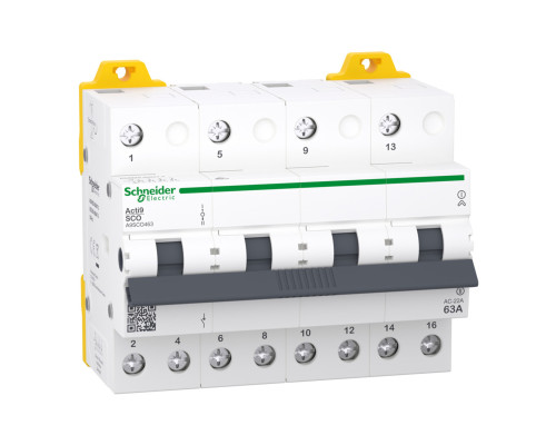 Перемикач I-0-II з загальним виходом зверху Schneider Electric A9SCO463 Acti9 iSSW, 4P, 63A, пластик, ip20, для модульного монтажу