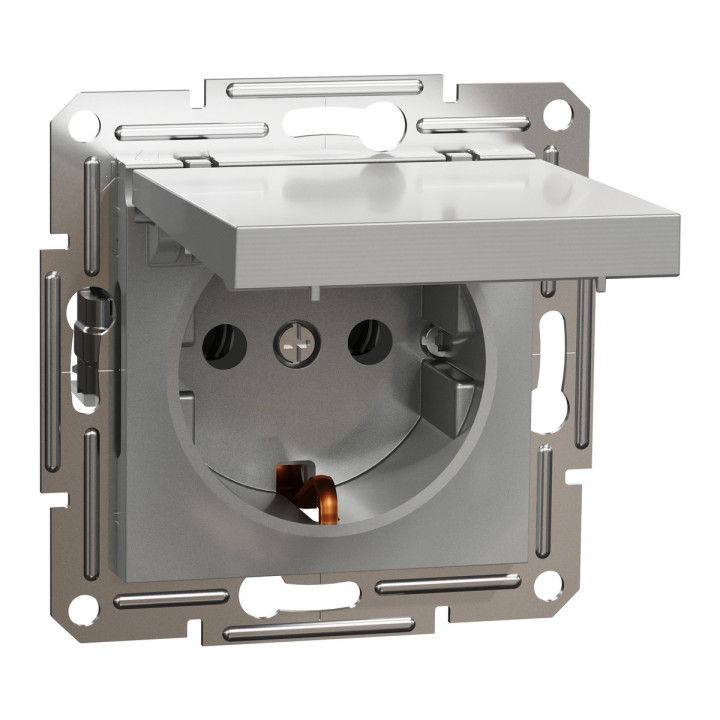 Розетка 220В Schneider Electric EPH3100161 Asfora, алюміній, пластик, із заземленням, Schuko, із захисною кришкою, без шторок, для врізного монтажу · Schneider Electric · schneider-electric-eph3100161
