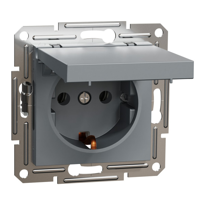 Розетка 220В Schneider Electric EPH3100162 Asfora, сталь, пластик, із заземленням, Schuko, із захисною кришкою, без шторок, для врізного монтажу · Schneider Electric · schneider-electric-eph3100162