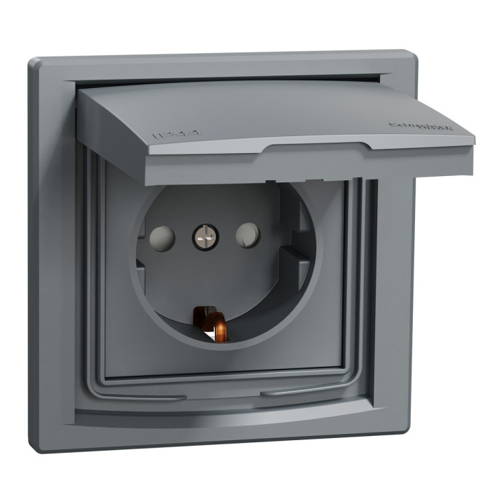 Розетка 220В Schneider Electric EPH3100362 Asfora IP44, сталь, пластик, із заземленням, Schuko, ip44, із захисною кришкою, зі шторками, для врізного монтажу · Schneider Electric · schneider-electric-eph3100362
