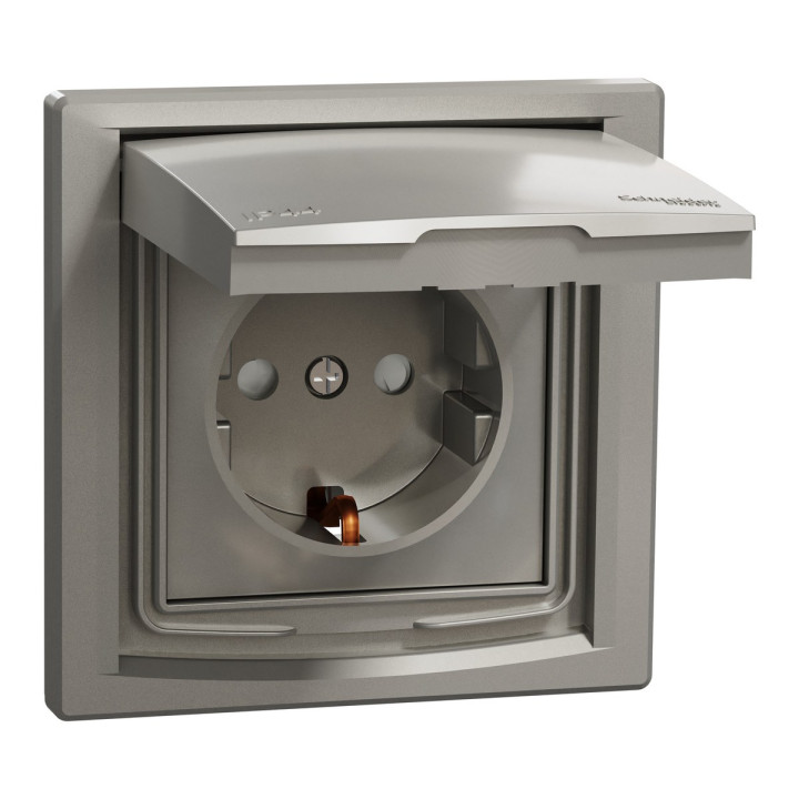 Розетка 220В Schneider Electric EPH3100369 Asfora IP44, бронза, пластик, із заземленням, Schuko, ip44, із захисною кришкою, зі шторками, для врізного монтажу · Schneider Electric · schneider-electric-eph3100369