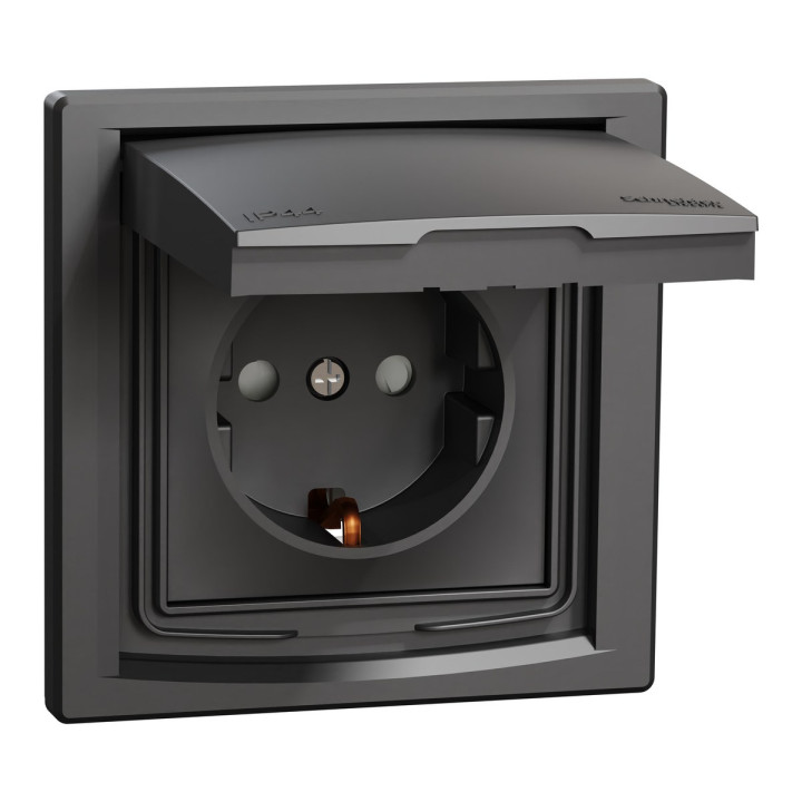 Розетка 220В Schneider Electric EPH3100371 Asfora IP44, антрацит, пластик, із заземленням, Schuko, ip44, із захисною кришкою, зі шторками, для врізного монтажу · Schneider Electric · schneider-electric-eph3100371