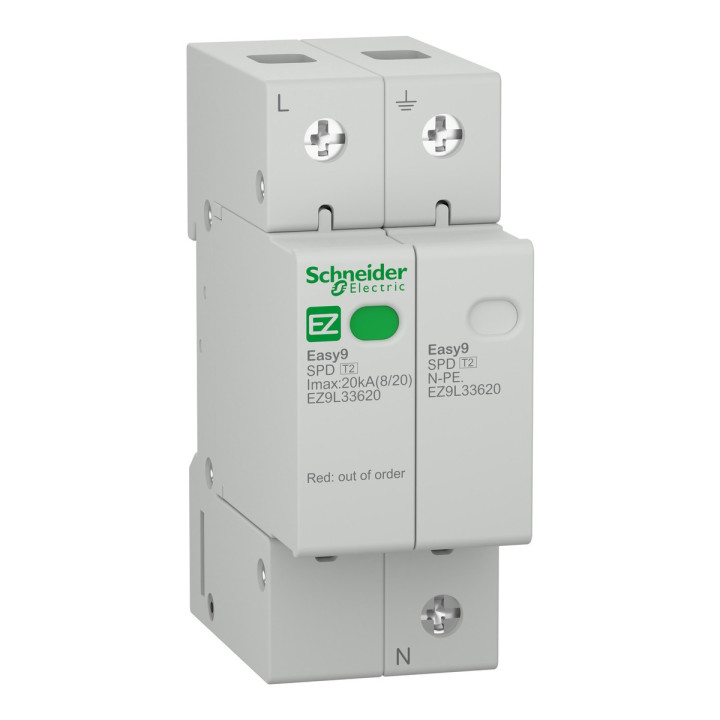 Пристрій захисту від імпульсних перенапруг (ПЗІП) Schneider Electric EZ9L33620 Easy9 230V, 20kA, 1P＋N, на DIN-рейку · Schneider Electric · schneider-electric-ez9l33620