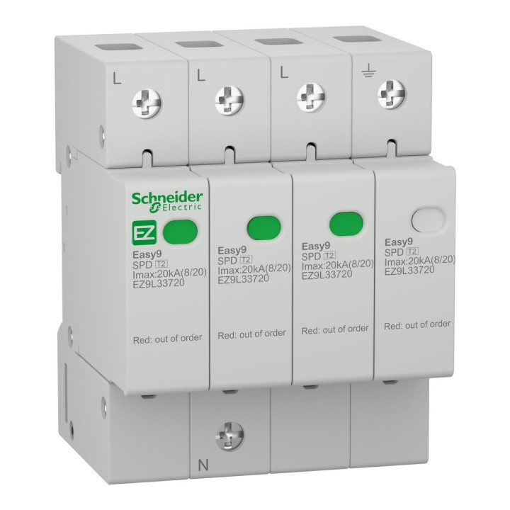 Пристрій захисту від імпульсних перенапруг (ПЗІП) Schneider Electric EZ9L33720 Easy9 400V, 20kA, 3P＋N, на DIN-рейку · Schneider Electric · schneider-electric-ez9l33720