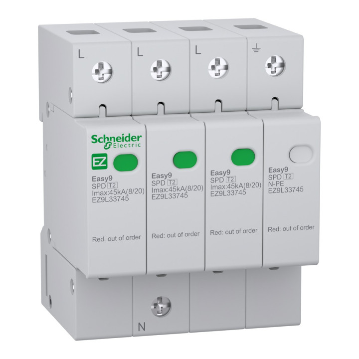 Пристрій захисту від імпульсних перенапруг (ПЗІП) Schneider Electric EZ9L33745 Easy9 400V, 45kA, 3P＋N, на DIN-рейку · Schneider Electric · schneider-electric-ez9l33745