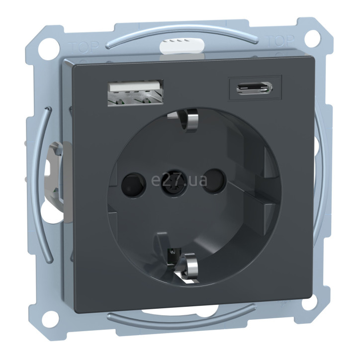 Розетка 220В з USB Schneider Electric MEG2367-0414 Merten System M, антрацит, із заземленням, Schuko · Schneider Electric · schneider-electric-meg2367-0414