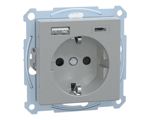 Розетка 220В з USB Schneider Electric MEG2367-0460 Merten System M, алюміній, із заземленням, Schuko