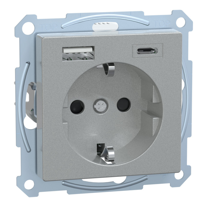 Розетка 220В з USB Schneider Electric MEG2367-0460 Merten System M, алюміній, із заземленням, Schuko · Schneider Electric · schneider-electric-meg2367-0460