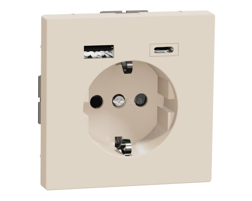 Розетка 220В з USB Schneider Electric MTN2367-6033 Merten D-Life, сахара, пластик, із заземленням, Schuko, без захисної кришки, зі шторками, для врізного монтажу