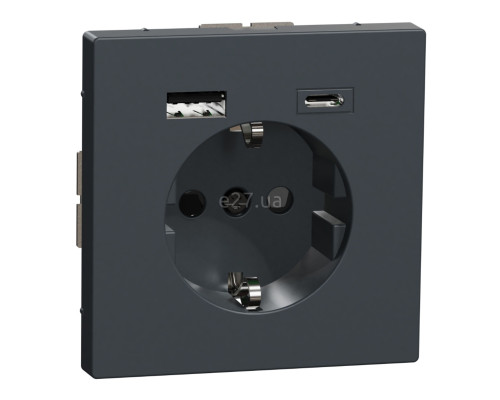 Розетка 220В з USB Schneider Electric MTN2367-6034 Merten D-Life, антрацит, пластик, із заземленням, Schuko, без захисної кришки, зі шторками, для врізного монтажу