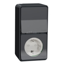 Розетка 220В з перемикачем прохідним 1-клавішним Schneider Electric MUR36024 Mureva Styl, чорний, пластик, із заземленням, Schuko, ip55, із захисною кришкою, зі шторками, без підсвітки та індикації, для накладного монтажу