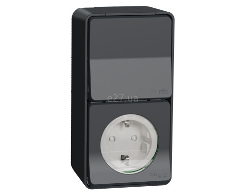 Розетка 220В з перемикачем прохідним 1-клавішним Schneider Electric MUR36024 Mureva Styl, чорний, пластик, із заземленням, Schuko, ip55, із захисною кришкою, зі шторками, без підсвітки та індикації, для накладного монтажу